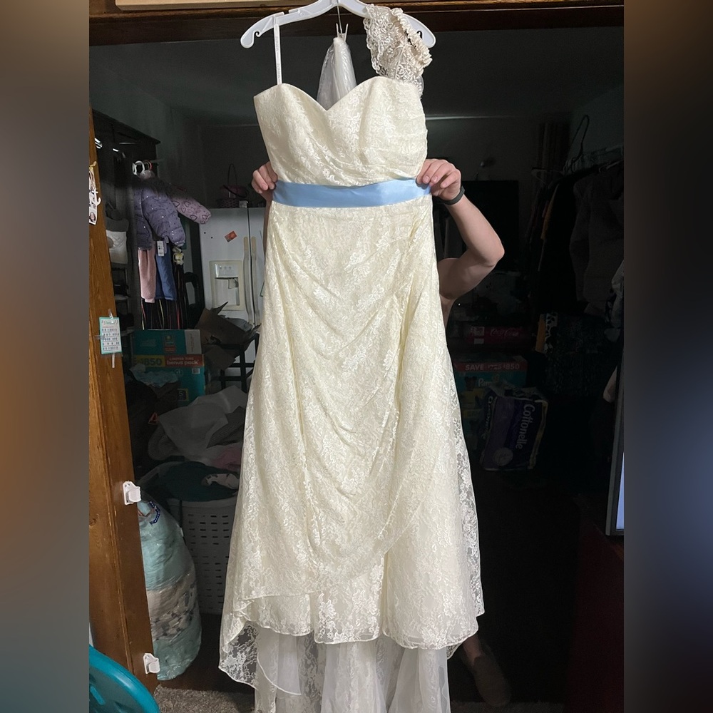 David's Bridal Cream Wedding Dress with Blue Accent